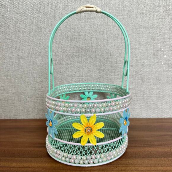 VTG Easter Bunny Figurine With Flower‎ Wire Basket And Colorful Ceramic Eggs - Picture 6 of 16